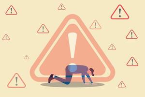 Businessman down with caution sign. concept of business risk, problem warning and avoid danger vector