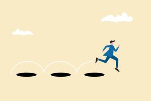 Businessman jump pass many hole to achieve business success. concept of Avoid pitfall, target, and success vector