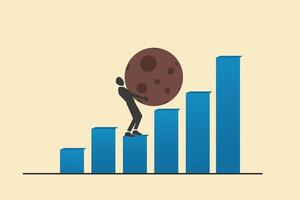 Businessman carry heavy boulder step up to top graph. concept of problem or difficulty to achieve success, risk, increase earning and profit vector