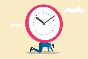 Depressed businessman salary man carry heavy big clock burden. concept of Time management failure, freedom to spend time, overworked or office worker routine work overtime vector