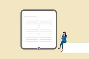 Business woman holding tablet checking document paper. concept of agreement or contract validation, financial or budget analysis vector