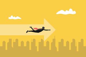 Super businessman flying follow the arrow. symbol of achievement, success and developing business in successful way. Businessman looking forward vector
