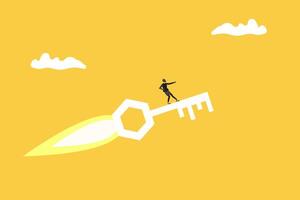 Businesswoman on a moving key rocket to destination. concept of creativity knowledge to achieve success, finding solution, knowledge is success key vector
