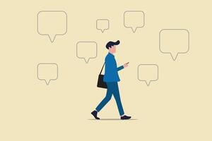 Businessman walking with a phone and chatting. A busy man received a message and reads. concept of of social networks and online communication vector