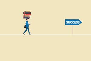 Businessman walking with books on head. concept of success, education level and skill development vector