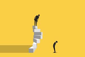 Successful businessman standing on top looking down and man looking up, which pointing up as symbol of achievement, success and developing business in successful way vector