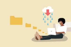 Female use laptop download and uploading files. concept of transferred documents to server, copy files, data exchange, backup, saving document in storage, digital data vector