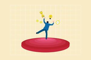 Businessman happy with time, ide, gear and target. concept of productive master, productivity and project management skill, multitasking work and time management vector