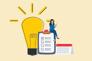 Business woman sitting on task manager with lightbulb. concept of self discipline or self control to complete work or achieve business target, time management to increase productivity vector