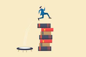 businessman jump over high books stack. concept of success, education level and skill development vector