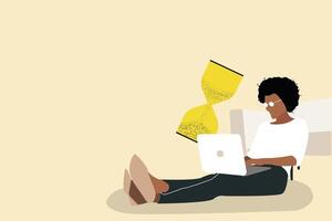 business woman using laptop with an hourglass. concept of multitasking, productivity and time management vector