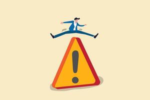 Businessman jumping on exclamation symbol beware, careful caution sign. concept of caution, risk or problem warning and avoid danger vector