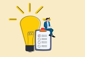 Businessman sitting on task manager with lightbulb. concept of self discipline or self control to complete work or achieve business target, time management to increase productivity vector