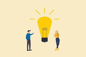 Businessman and woman coworker get lightbulb idea. concept of communication, brainstorm, problem solve, solution and result vector