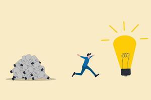 Businessman find lightbulb idea. Wasted unworkable ideas, business failure or too many abandoned projects concept, frustrated vector