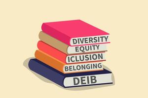 Stack of hardcover books with words Belonging, Diversity, Equity, Inclusion vector