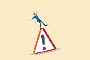 Businessman slip falling on caution sign. concept of business risk, problem warning and avoid danger vector