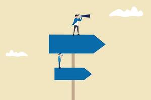 Businessman standing on arrows holding binoculars and megaphone to look and shout into the distance vector