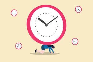 Depressed businessman salary man carry heavy big clock burden. concept of Time management failure, freedom to spend time, overworked or office worker routine work overtime vector