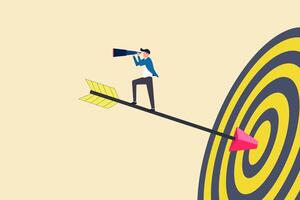 Businessman on arrow looking for target and successfully. advancement in career or business growth concept. Aspiration and motivation vector