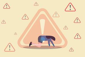 Business woman down with caution sign. concept of business risk, problem warning and avoid danger vector