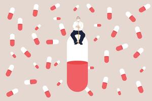 Senior sitting on pill with a lot of pill his depressed from taking medicine vector