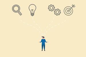 Businessman thinking at sketch with icons of light bulb, gear, target, searching. Concept of generation creative business idea vector