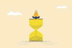 Business woman practicing yoga on triangle. on an hourglass. Concept of multitasking, productivity and time management vector