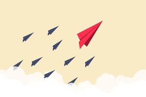Leadership success concept red paper plane. Think differently, new idea, change, trend, courage, creative solution, innovation concept. vector