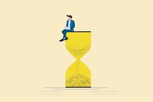 Businessman using laptop sitting on an hourglass. Concept of multitasking, productivity and time management vector