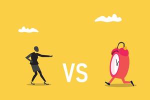 Business woman fighting against time clock. Concept of Business deadline, counting down, speed and efficiency to complete work vector