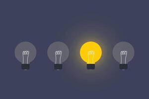 yellow light bulb standing out from the unlit incandescent bulbs. Individuality and different creative idea concepts. leadership vector