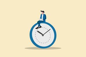 Businessman using gadget sitting on clock. concept working late night with deadline vector