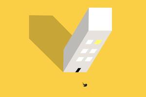 Successful businessman walking enter building, which pointing up as symbol of achievement, success and developing business in successful way vector