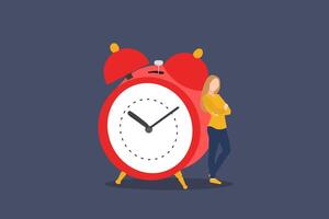 Business woman beside alarm clock. concept of relax and refresh from long stress interval, free from bored, and time to take a break vector