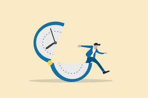 Businessman out from clock. Concept of time management, success, deadline and efficiency vector