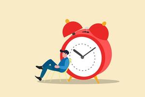 Businessman sitting beside alarm clock. concept of relax and refresh from long stress interval, free from bored, and time to take a break vector