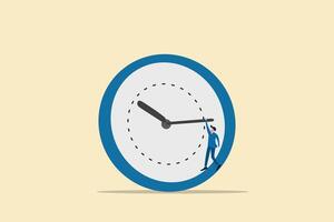 Businessman hangs on an arrow of giant clock. concept try to stop or turn back time vector