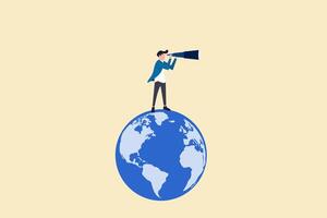 Businessman standing on globe to see vision or future. concept of success, target and opportunity vector
