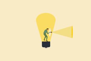business woman inside lightbulb with flash light. concept of New creative idea, innovation or solution for business, entrepreneurship or startup idea, creation or discovery. vector