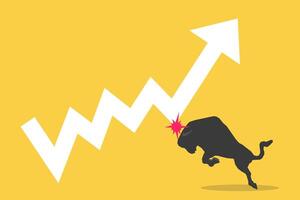 Bull hit the graph, bullish market trend in stocks or crypto. Trade exchange, up arrow graph for increase in rates vector