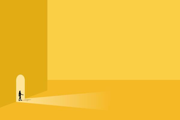 Business opportunity or career success concept with woman walking exit door. Symbol of courage, ambition, having a goal, inspiration