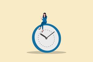 Business woman using gadget sitting on clock. concept working late night with deadline vector