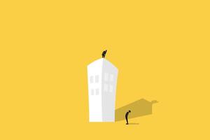Successful businessman standing on the building looking down and man looking up, which pointing up as symbol of achievement, success and developing business in successful way vector