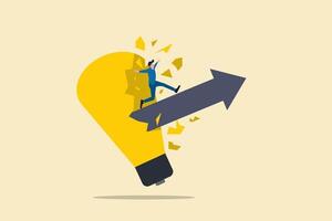 businessman out from lightbulb. concept solution to solve problem, obligation free, motivation to financial success and opportunity. vector