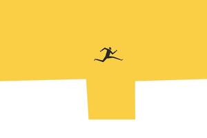 Businessman jump through the gap. Concept of success, motivation, goal, professional growth vector