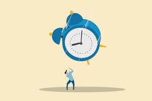 Businessman afraid with big clock falling down. concept of Run out of time, work deadline and time countdown vector