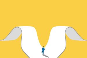 businessman walk in front of a crossroad with road split in three different ways vector