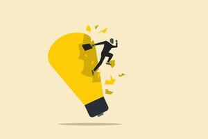 businessman out from lightbulb . concept solution to solve problem, obligation free, motivation to financial success and opportunity. vector