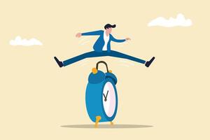 Businessman jump over time passing clock. concept of time management, success, deadline and efficiency vector